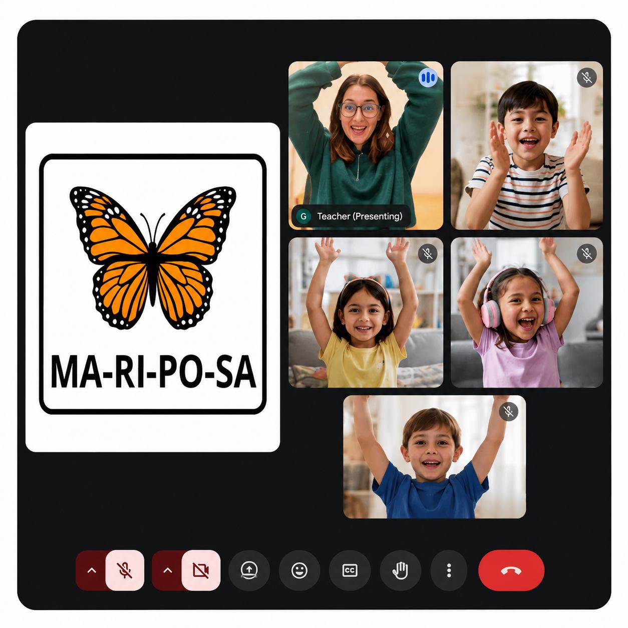Videollamada de una clase en vivo de Aula Creativa: la profesora presenta la palabra mariposa y los chicos participan felices
