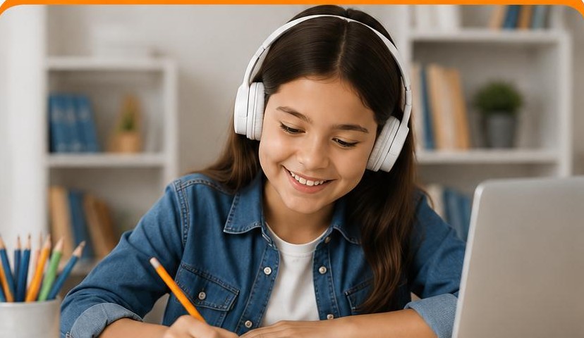 Nena de 11 años con auriculares escribiendo durante una clase de español en vivo