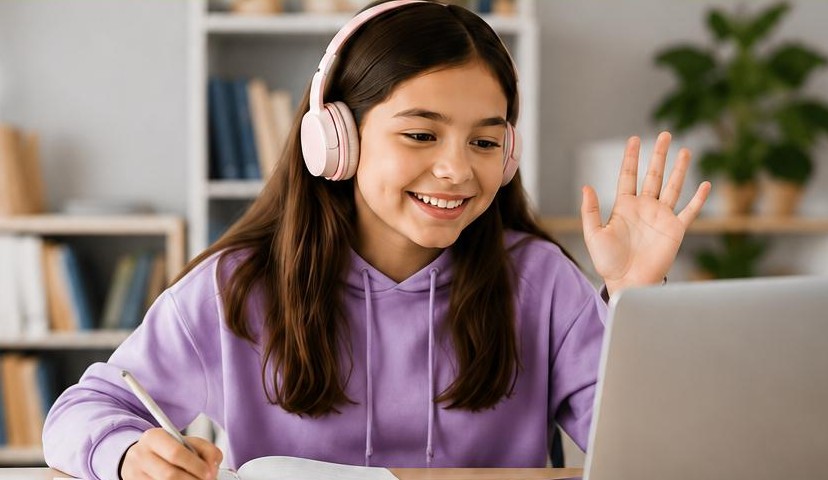 Adolescente de 14 años con auriculares saludando durante una clase de español en vivo