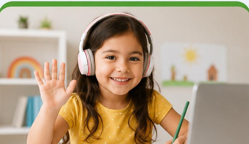 Nena de 5 años con auriculares saludando durante una clase de español en vivo
