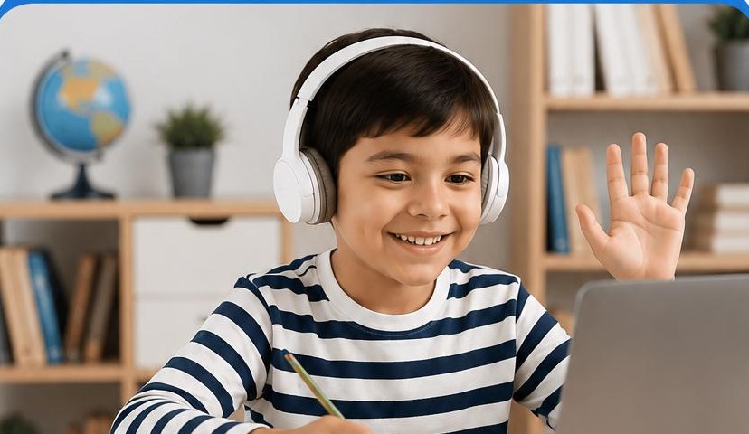 Nene de 8 años con auriculares saludando durante una clase de español en vivo