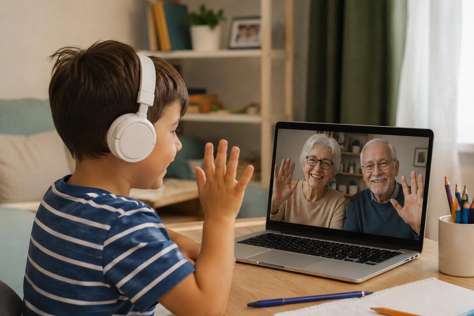 Nene saludando por videollamada a sus abuelos, representando el vínculo entre generaciones que Aula Creativa busca fortalecer